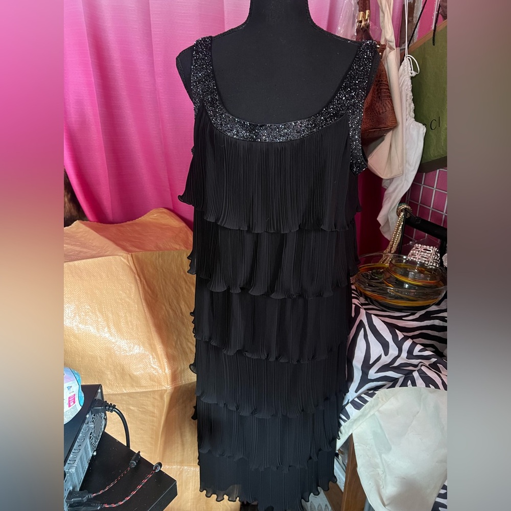 Patra Tiered Beaded  trim Black Dress 14